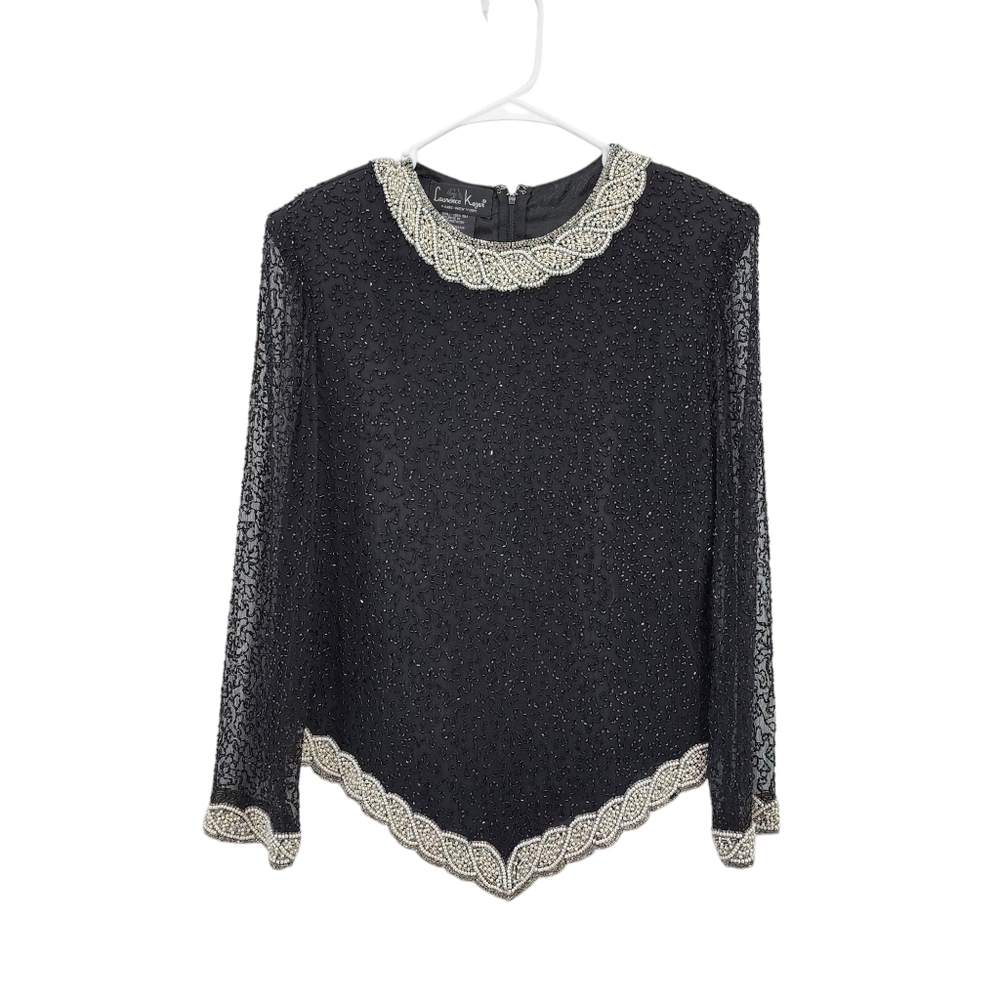 Laurence Kazar Women's 100% Silk Asymmetrical Embellished Beaded Top - L